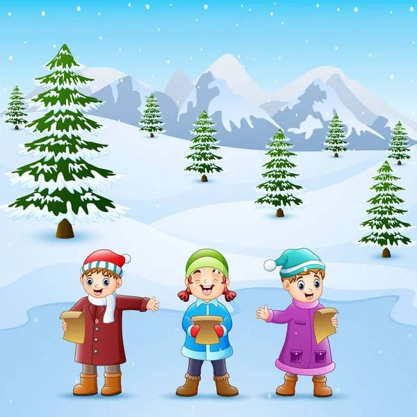 快乐孩子在雪丘中歌唱的矢量图解 — 图库矢量图片