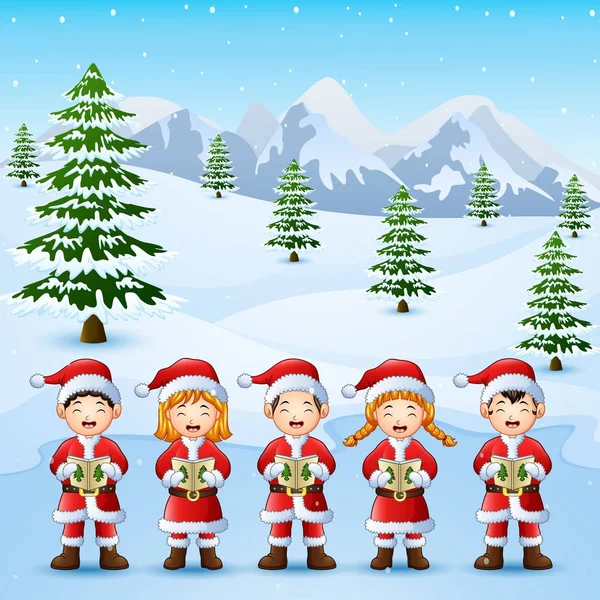 Vectorillustratie Van Happy Kid Dragen Santa Kostuum Zingen Sneeuwt Heuvel — Stockvector