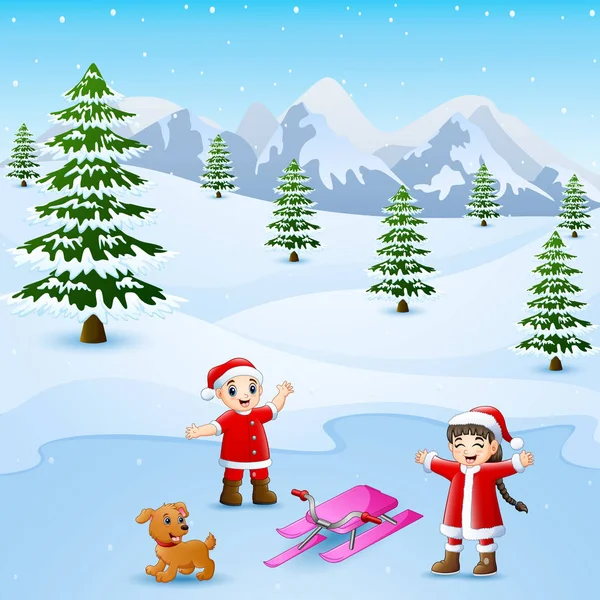 Vektor Illustration Eines Glücklichen Kindes Das Winter Mit Ski Und — Stockvektor