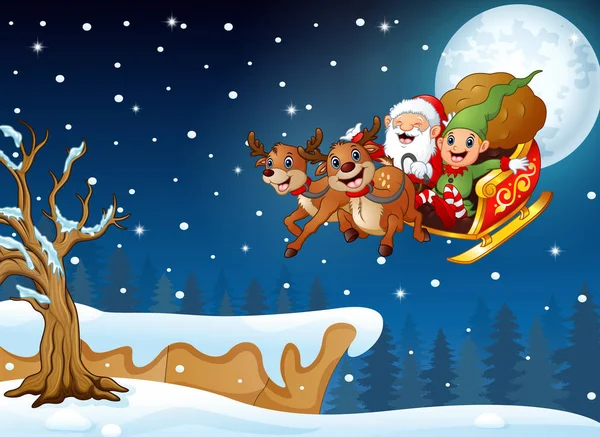 Ilustración Vectorial Santa Claus Elfo Montando Trineo Ciervos Volando Sobre — Vector de stock