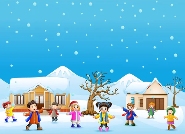 快乐孩子在雪村玩耍的矢量图解 — 图库矢量图片