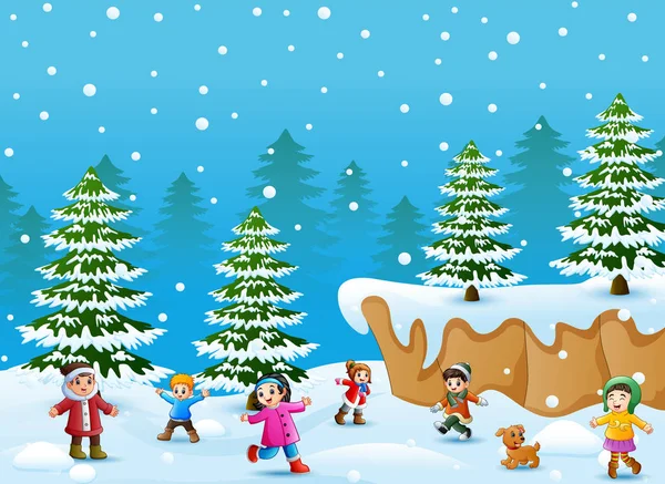 Ilustración Vectorial Niños Dibujos Animados Perros Jugando Nieve — Vector de stock