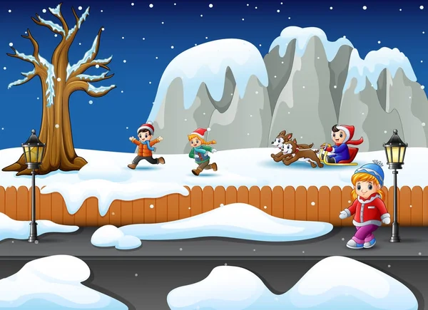 卡通儿童在雪花园中玩耍的矢量插图 — 图库矢量图片