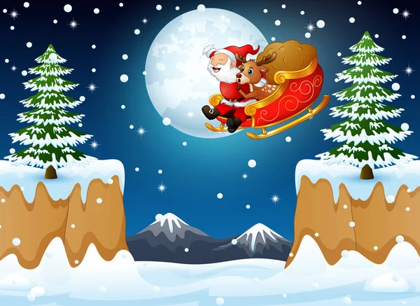 Vector Illustration Santa Claus Riding His Sleigh Flying Hill — Stock Vector