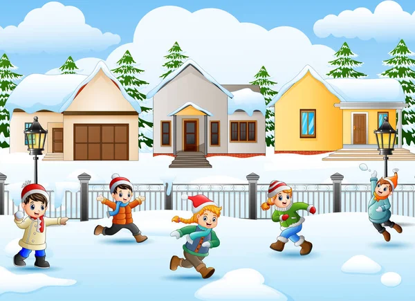 卡通孩子在雪村里玩耍的矢量插图 — 图库矢量图片
