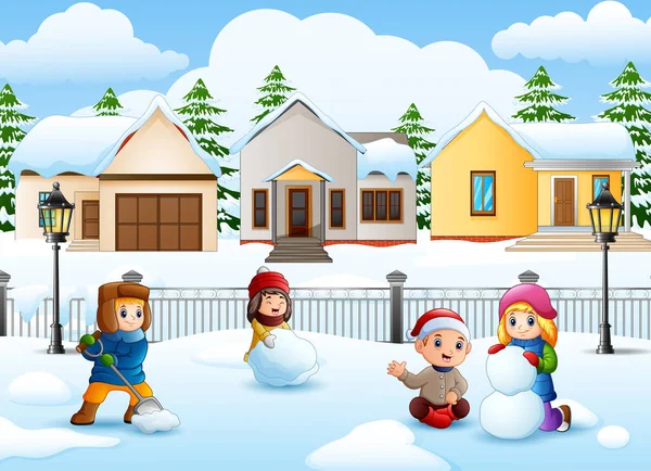 Ilustração Vetorial Crianças Dos Desenhos Animados Brincando Neve —  Vetores de Stock