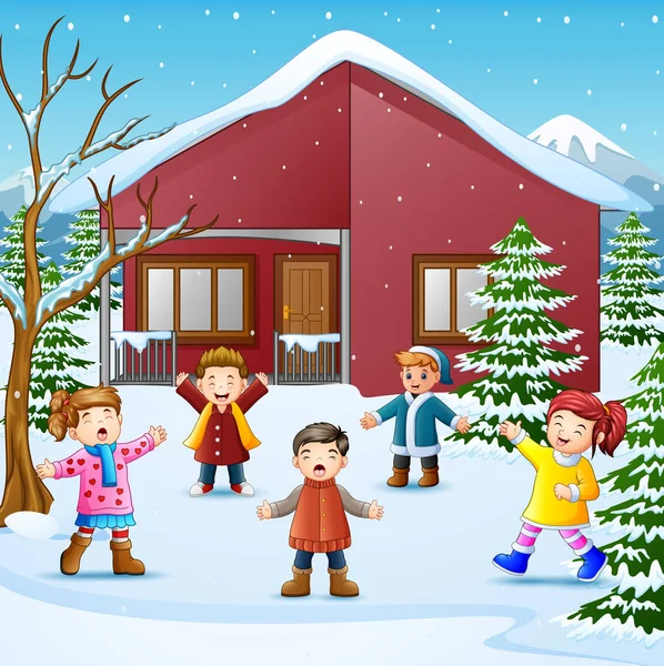 Vector Illustration Happy Kid Singing Snowing Village — Stock Vector