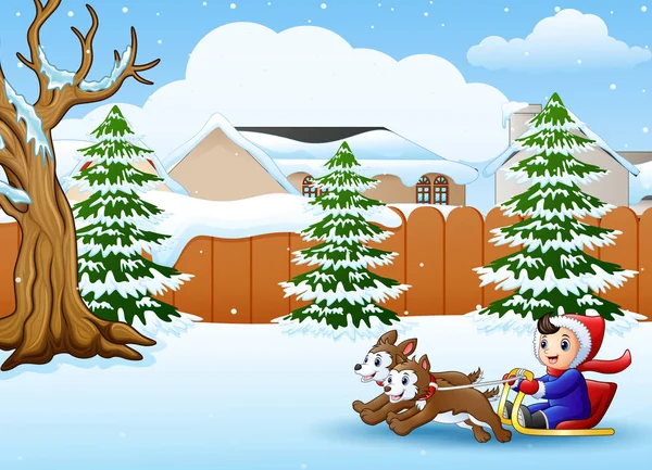卡通男孩骑雪橇在雪村两只狗拉的矢量插图 — 图库矢量图片