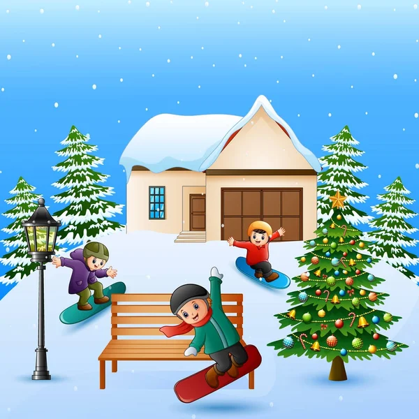 快乐孩子在雪村玩滑雪板的矢量插图 — 图库矢量图片