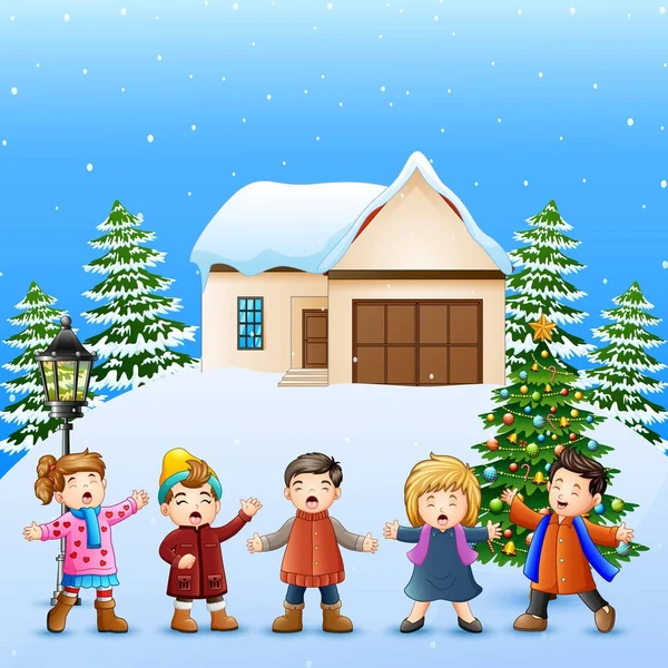 Vektorové Ilustrace Šťastné Dětství Zpívá Obci Sněží — Stockový vektor