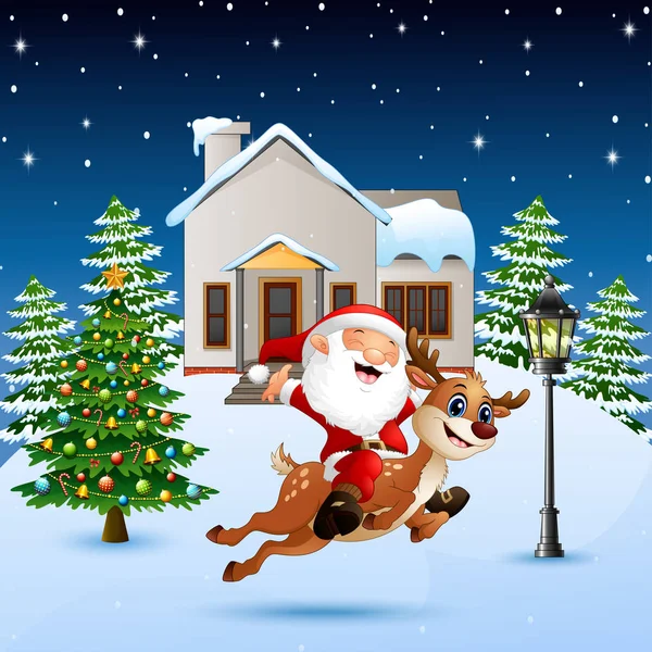在雪村里骑着鹿的圣诞老人的矢量插图 — 图库矢量图片