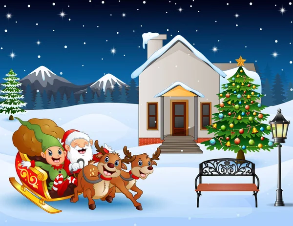 Illustrazione Vettoriale Babbo Natale Dei Cartoni Animati Con Elfo Che — Vettoriale Stock