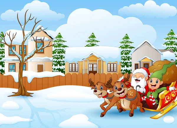 Vektorové Ilustrace Kreslené Santa Claus Jeleny Jízda Saních Taškou Dárků — Stockový vektor