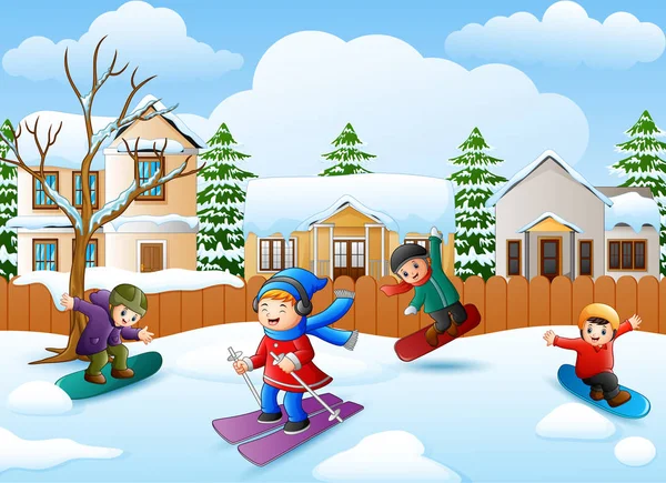 Ilustração Vetorial Criança Feliz Jogando Snowboard Aldeia Nevando —  Vetores de Stock