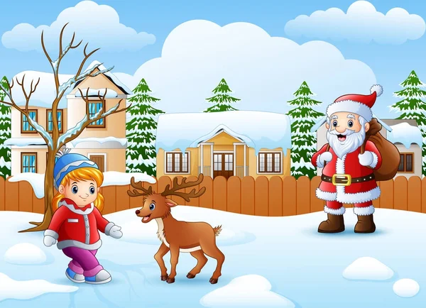 Vector Illustration Cartoon Santa Claus Cartoon Little Girl Snowing Village — Stock Vector