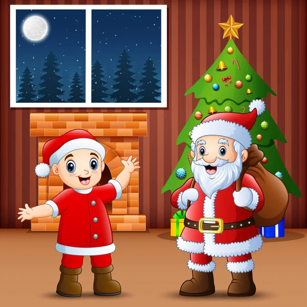 Vektor Illustration Der Wohnzimmerdekoration Für Weihnachten Und Neujahr Mit Weihnachtsmann — Stockvektor