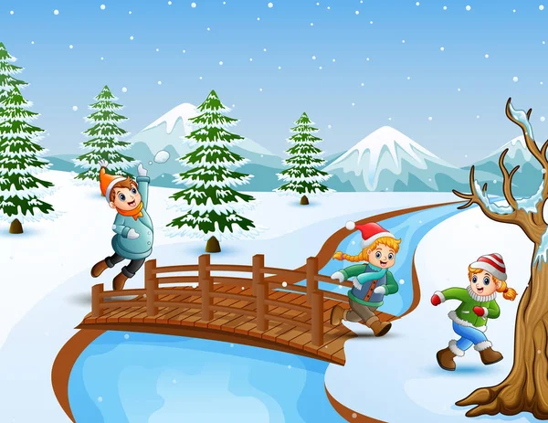 Illustrazione Vettoriale Happy Kid Sul Ponte Sulla Collina Innevata — Vettoriale Stock