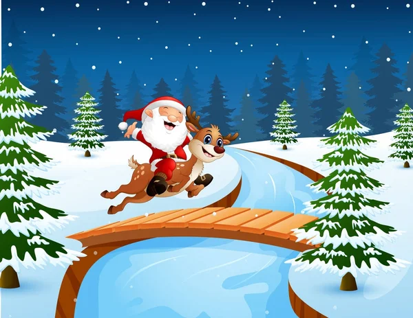 Ilustración Vectorial Happy Santa Claus Montando Reno Puente Colina Nevada — Vector de stock