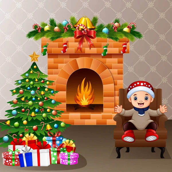 Ilustración Vectorial Niño Feliz Sentado Sala Estar Con Navidad Decoración — Vector de stock