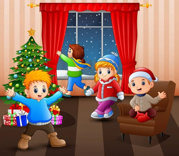 Illustrazione Vettoriale Bambini Felici Soggiorno Con Natale Decorazione Capodanno — Vettoriale Stock