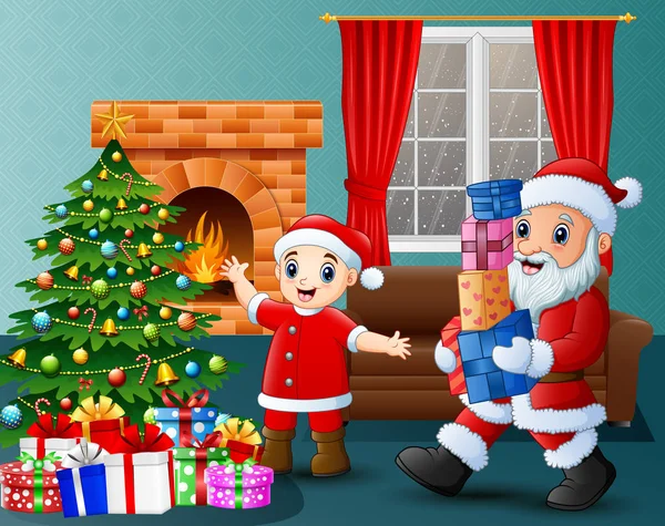 Vektor Illustration Von Weihnachtsmann Bringt Geschenkbox Und Kind Ins Wohnzimmer — Stockvektor