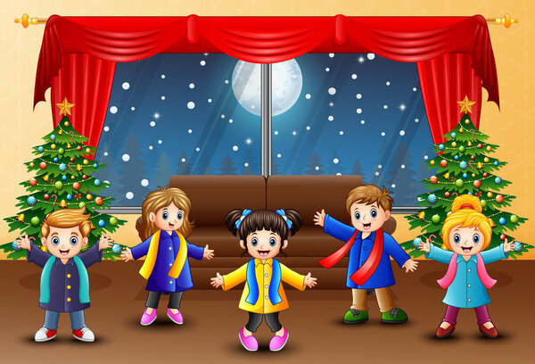 Vector illustration of Living room decoration for christmas and new year with happy kids