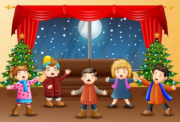 Vektorové Ilustrace Obývací Pokoj Výzdoba Vánoce Nový Rok Dětmi Zpívat — Stockový vektor