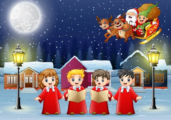 Vektorové Ilustrace Šťastné Děti Nosí Červený Kostým Zpívající Obci Sněží — Stockový vektor