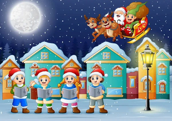 Ilustración Vectorial Niños Felices Cantando Pueblo Nevado Con Santa Flyng — Vector de stock