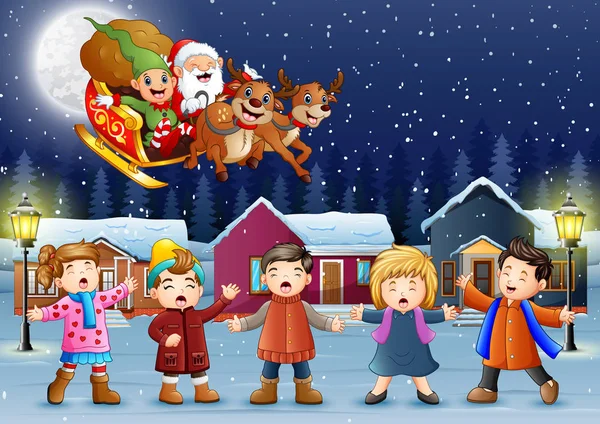 Vektor Illustration Glücklicher Kinder Die Verschneiten Dorf Singen Und Über — Stockvektor