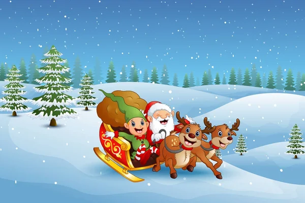 Illustration Vectorielle Cartoon Santa Claus Avec Elfe Chevauchant Sur Traîneau — Image vectorielle