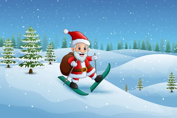 Vektor Illustration Des Weihnachtsmannes Beim Skifahren Schneehügel Mit Einem Sack — Stockvektor