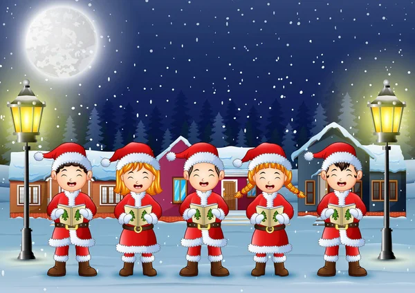 Vectorillustratie Van Happy Kid Dragen Santa Kostuum Zingen Het Sneeuwt — Stockvector