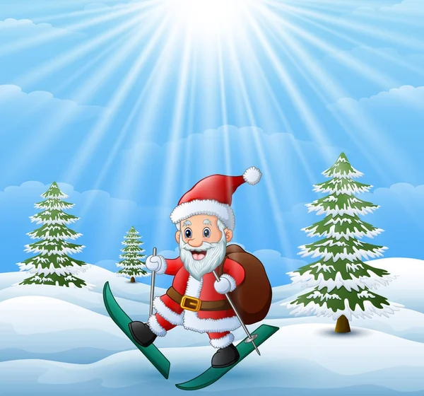 Vektor Illustration Des Weihnachtsmannes Beim Skifahren Schneehügel Mit Einem Sack — Stockvektor