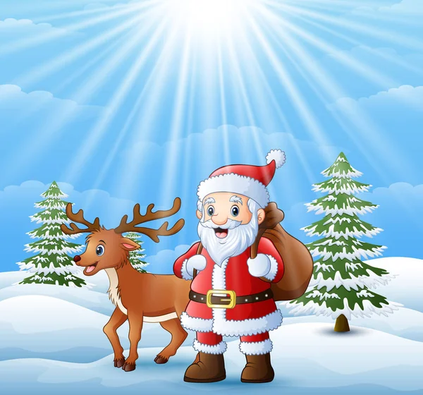 Vector Illustration Cartoon Santa Claus Deer Standing Snow Bag Gifts — Stock Vector