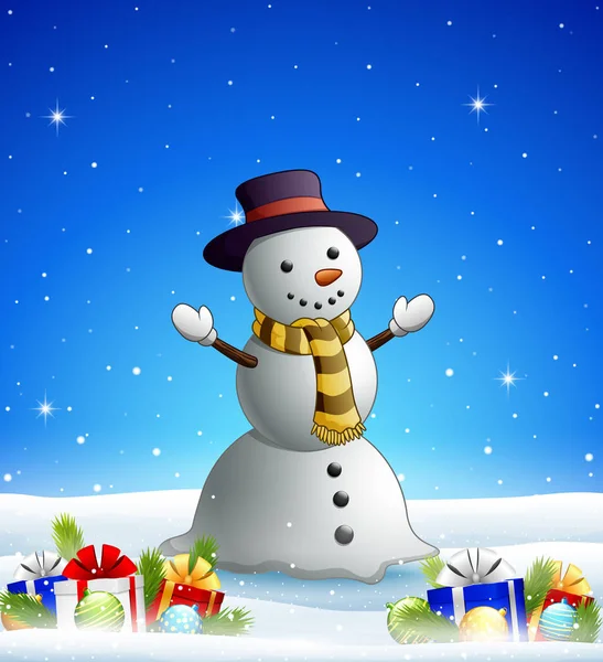 Vector Illustration Cartoon Snowman Winter Background Gift Boxes Balls — Stock Vector