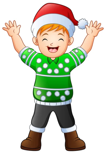Векторна Ілюстрація Мультфільму Щасливого Хлопчика Зеленому Різдвяному Светрі — стоковий вектор