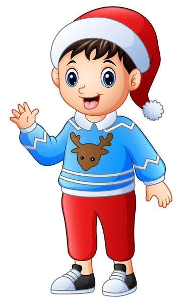 Векторні Ілюстрації Щасливий Хлопчик Мультфільм Синьому Різдвяному Светрі — стоковий вектор