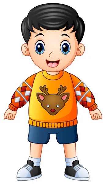 Ilustración Vectorial Dibujos Animados Happy Boy Con Suéter Navidad — Vector de stock