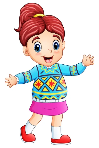 Illustrazione Vettoriale Happy Girl Cartoon Indossando Maglione Natale — Vettoriale Stock