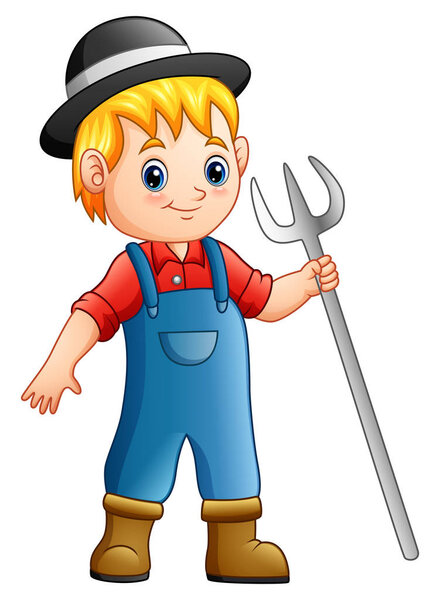Vector illustration of Cartoon boy farmer holding rake