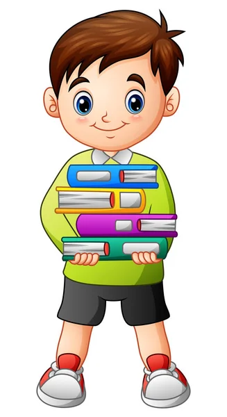 Vector Illustration Cartoon Boy Holding Pile Books — Stock Vector