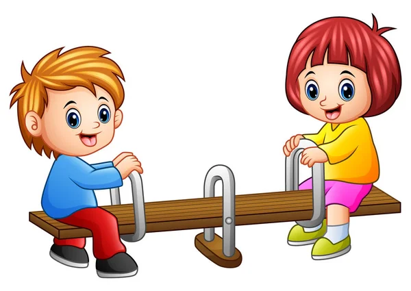 Illustrazione Vettoriale Bambini Dei Cartoni Animati Che Giocano Altalena Sfondo — Vettoriale Stock