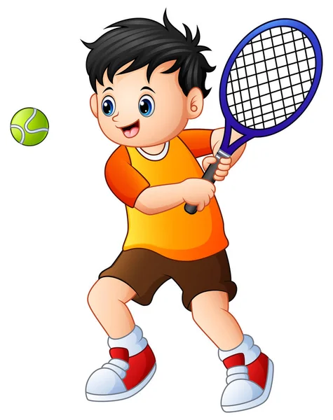 Sevimli Küçük Çocuk Beyaz Bir Arka Plan Üzerinde Tenis Oynamaya — Stok Vektör
