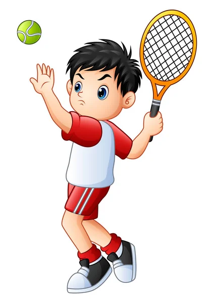 Vektorové Ilustrace Roztomilé Malého Chlapce Hrát Tenis Bílém Pozadí — Stockový vektor