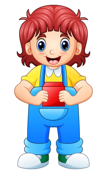 Vector Illustration Little Girl Standing Holding Toy Cube — Stock Vector