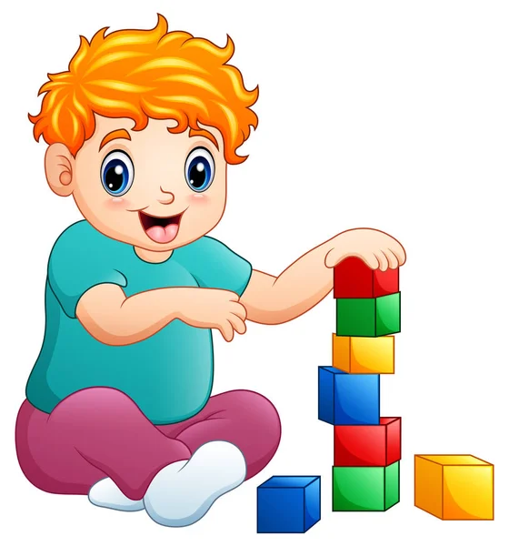 Векторная Иллюстрация Маленького Блондинистого Мальчика Сидящего Играющего Кубиками Игрушек — стоковый вектор