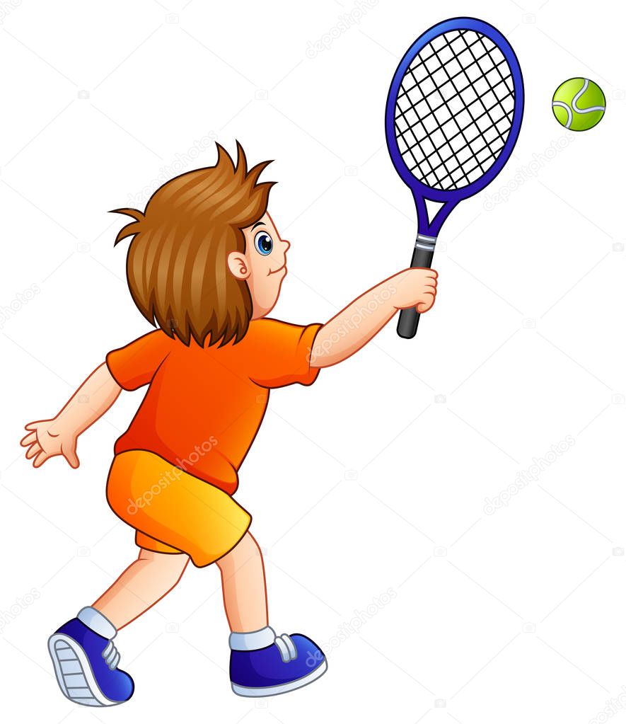 Vector illustration of Cartoon young boy playing tennis on a white background