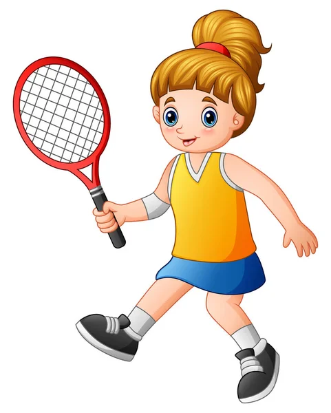 Vektor Illustration Eines Jungen Mädchens Beim Tennisspielen Auf Weißem Hintergrund — Stockvektor