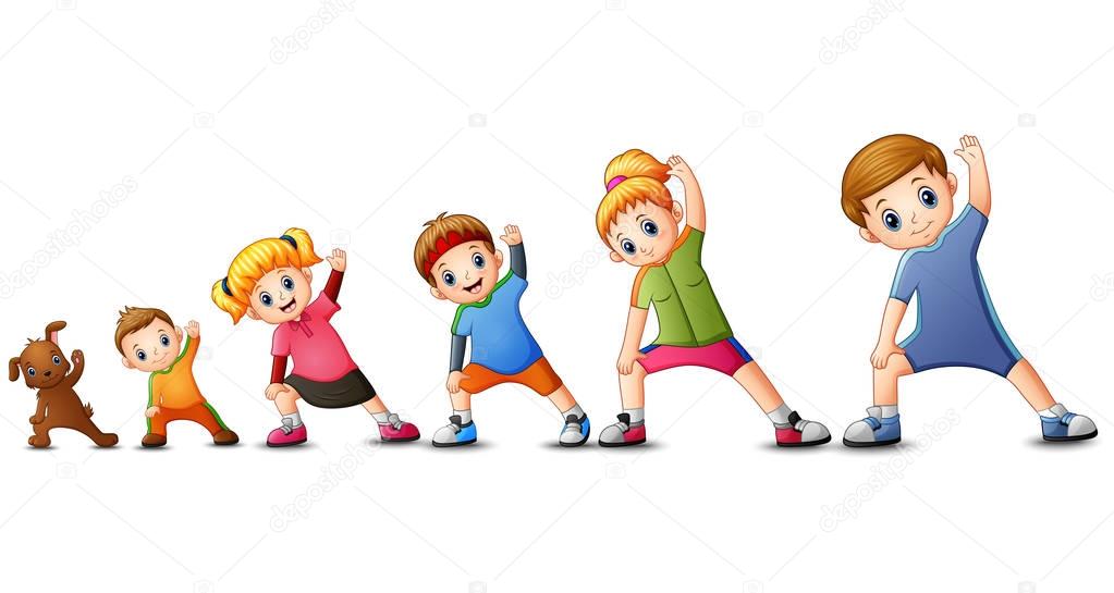 Vector illustration of Family doing exercises with dog